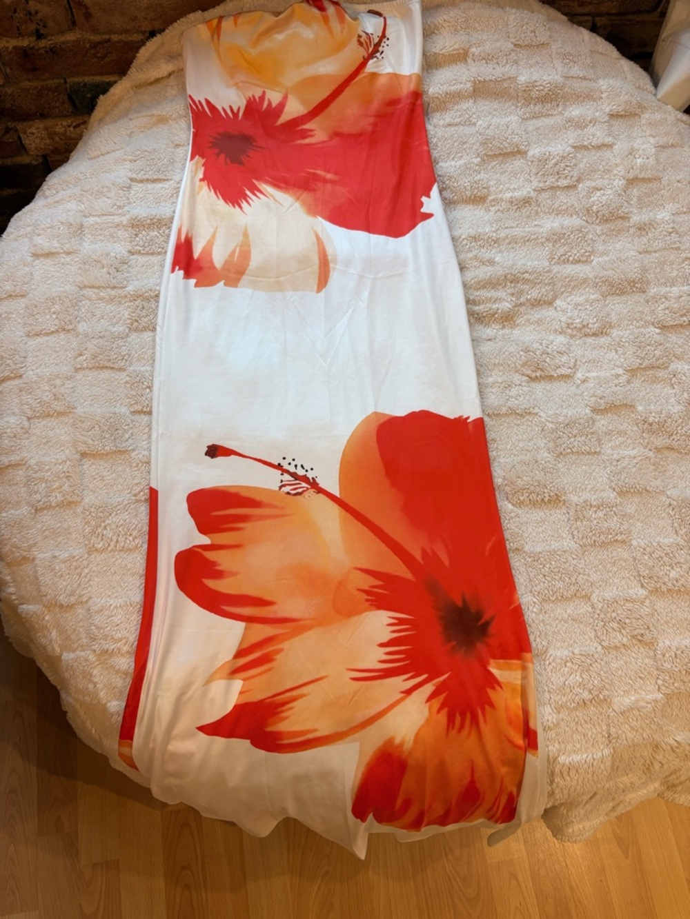 White Maxi Dress with Bold Orange Red Floral Print